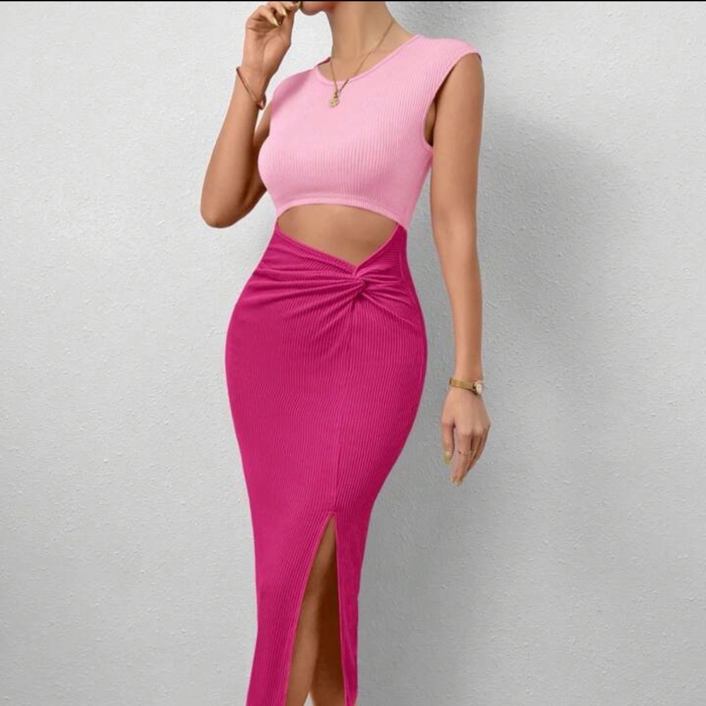 Pink Two Tone Cut Out Split Thigh Bodycon Dress